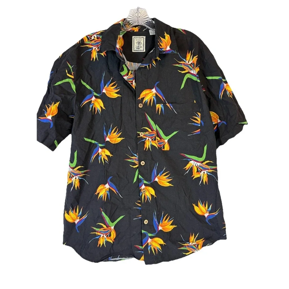 Vintage Roundtree Yorke Hawaiian Shirt M Black‎ Tropical Y2K Resort Vacation